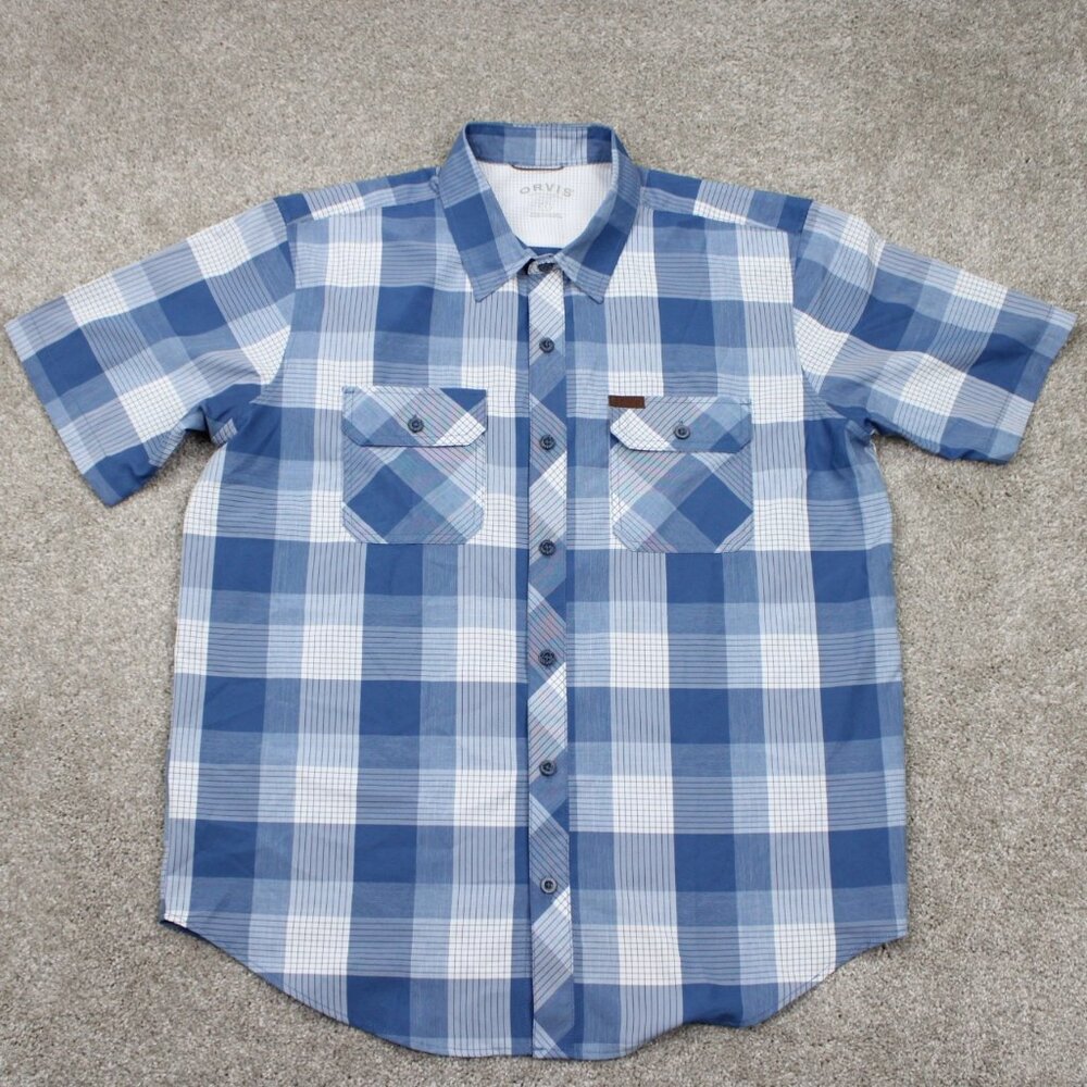 Orvis‎ Tech Shirt Mens Large Blue/White Classic Collection Polyester S/S Button